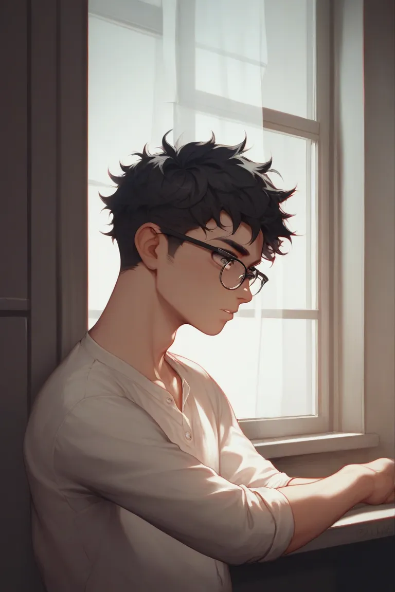 portrait, boy, glasses, messy black hair