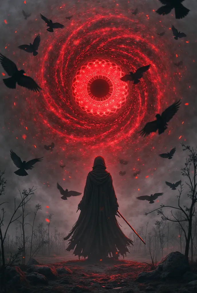 A red glowing Sharingan eye with a hypnotic design
A dark silhouette of a ninja surrounded by crows
A mysterious, eerie atmosphere with a dreamlike or illusionary effect