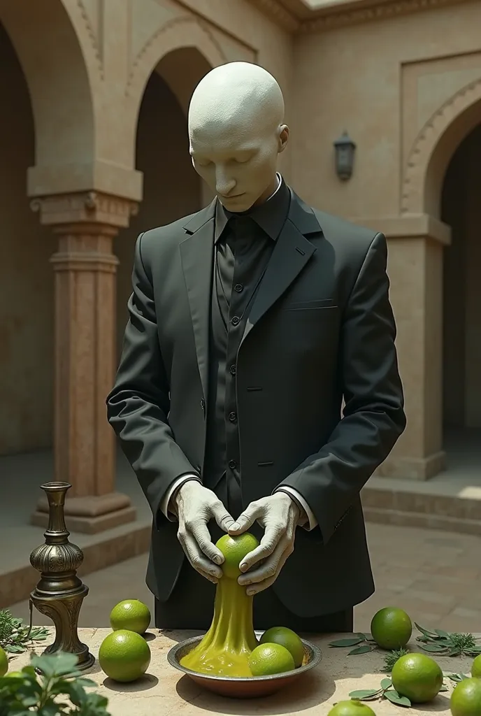 a men with no head wearing suit and making lime juice at ramadan month