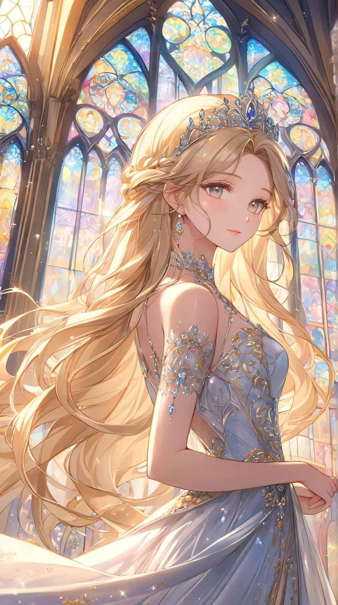 "An extreme close-up, face-focused portrait of a beautiful princess standing gracefully in a fantasy castle setting. She wears an elegant, luxurious dress with highly detailed embroidery and delicate lace accents, adorned with a sparkling tiara. Her silky,...