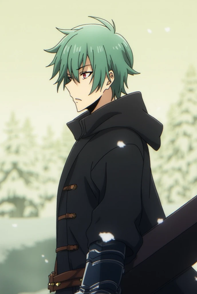 score_9, score_8_up, score_7_up, score_6_up, score_5_up, score_4_up, , 1male , mid 30s, battle-hardened appearance. He has messy, dark green hair and intense, piercing red eyes that convey a cold and serious demeanor. His face is set in a determined expres...