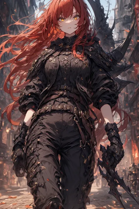  1 girl,  golden eyes, red hair top ,  very long red hair  , Cool,  beautiful, black pants with pockets on the sides, black boots with straps, assassin clothes, two black daggers in the hands, black sawtooth dagger, mysterious atmosphere, in the background...