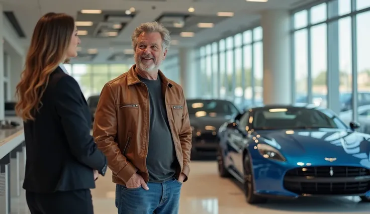 A confident but dismissive car dealership manager, a professional-looking woman in a black suit, stands in a modern luxury car showroom, eyeing Robin Williams with clear disdain as she unknowingly dismisses him, unaware that he is the new owner. Robin Will...