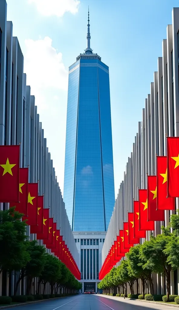 Create an image of the buildings of a super conglomerate. On the left, there are 14 buildings; on the right, there are 14 buildings. In the center, there is a main building colored blue. All buildings display the Vietnamese flag and look grand and majestic...