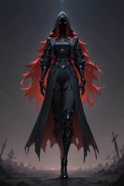  1 girl,  golden eyes, red hair top ,  very long red hair  , Cool,  beautiful, black pants with pockets on the sides, black boots with straps, assassin clothes, two black daggers in the hands, black sawtooth dagger, mysterious atmosphere, in the background...