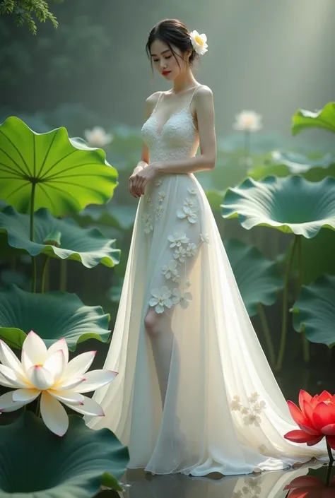 a woman in an elegant, flowing white gown adorned with floral designs. She is standing in a serene environment surrounded by large lotus flowers in various colors, including white and red, along with broad green leaves. The setting resembles a tranquil gar...