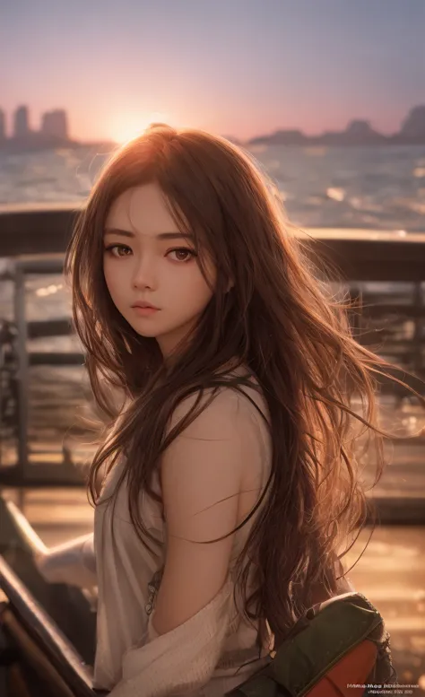   highdefinition images 、 Japanese woman、leaving、long hair、A ferry leaving the harbor、Sunset、silhouette、Sadness

