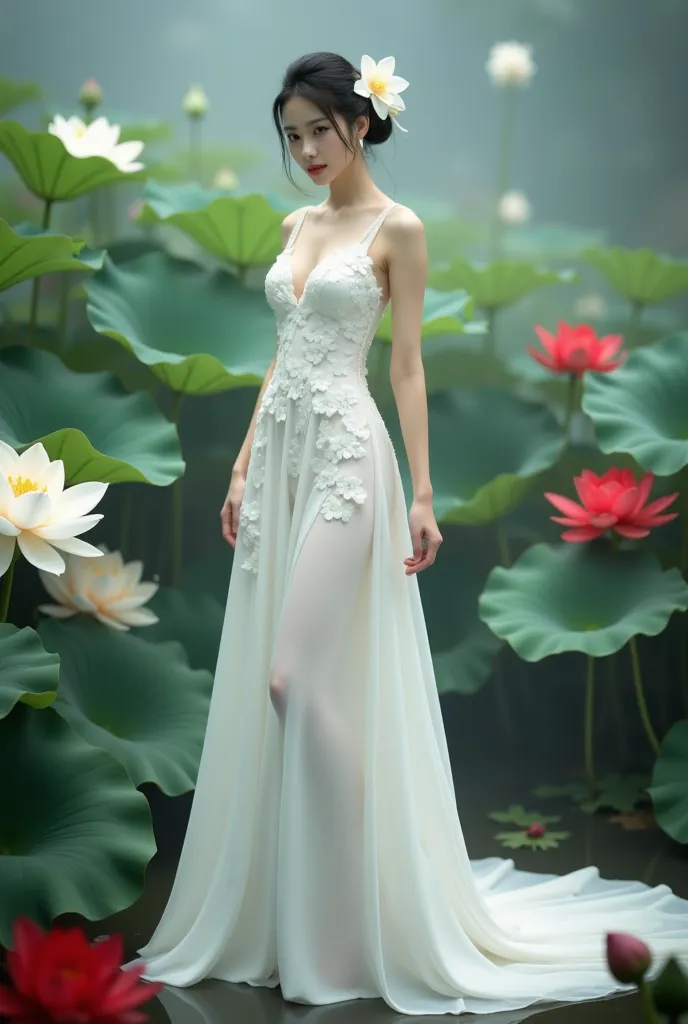 a woman in an elegant, flowing white gown adorned with floral designs. She is standing in a serene environment surrounded by large lotus flowers in various colors, including white and red, along with broad green leaves. The setting resembles a tranquil gar...