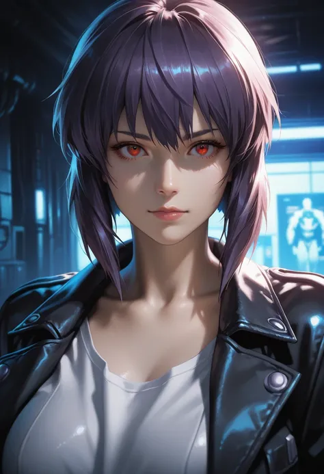 masterpiece, best quality, vibrant, very aesthetic, high contrast, photorealistic portrait,beautiful detailed face,detailed texture,detailed skin,newest, 1girl,Ghost in the Shell,source_ghost in the shell, motoko kusanagi,shirt,room,realistic lighting