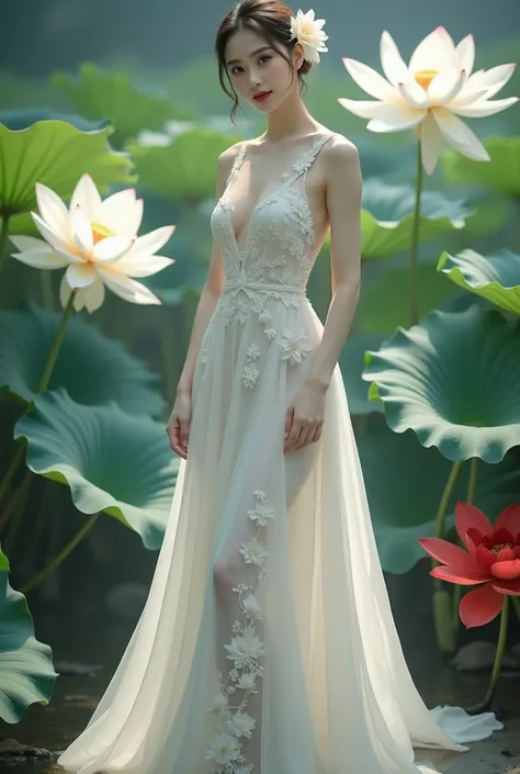 a woman in an elegant, flowing white gown adorned with floral designs. She is standing in a serene environment surrounded by large lotus flowers in various colors, including white and red, along with broad green leaves. The setting resembles a tranquil gar...