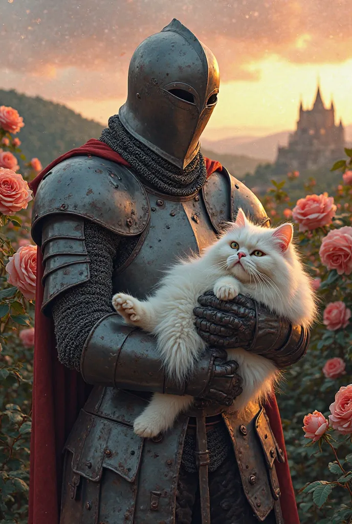 Draw a completely medieval knight a, aged and with signs of wear, holding a white cat in your arms.  The armor is dark , metal armor with rusty tones and details which indicate a long time of use or exposure to the environment. O elmo, closed and without a...