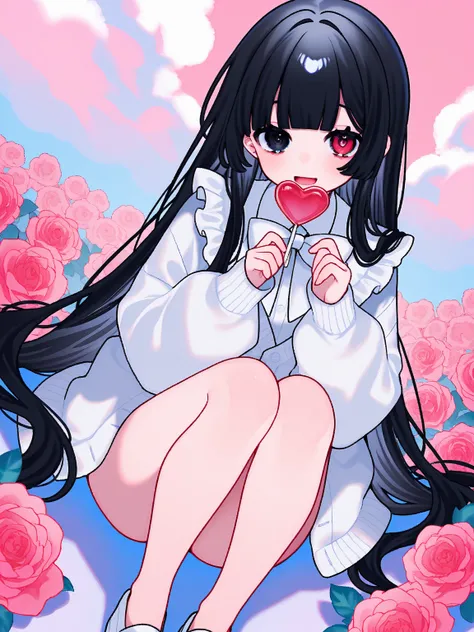 (Tsubaki Tsubaru:1.0),(Yumenouchi :0.1),( Kamikura Eku :0.1), 1girl , colorful, flower, rose, peony, heart candy, Alone, long hair, white shoes, holding, white shirt, white cardigan,
heterochromia iris, black eye, red eye, looking at viewer, holding candy,...