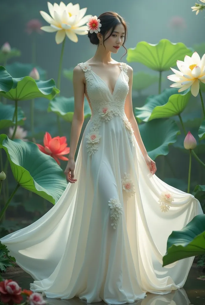 a woman in an elegant, flowing white gown adorned with floral designs. She is standing in a serene environment surrounded by large lotus flowers in various colors, including white and red, along with broad green leaves. The setting resembles a tranquil gar...