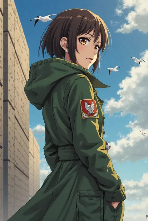 (masterpiece) (drawing) A girl with dark brown and orange eyes, fair skin, dressed in a costume of the corps of the reconnaissance squad from the anime "Attack of the Titans", against the background of a high wall and the sky, white birds. And a green rain...