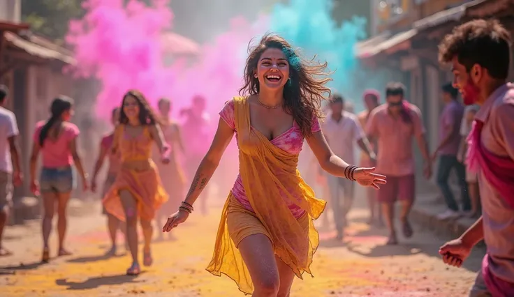 "A cheerful Holi scene in a lively village. A playful young woman, laughing and blushing, runs through the colorful streets as her beloved chases her with a water gun (pichkari) full of vibrant colors. She playfully teases him to catch her while dodging th...