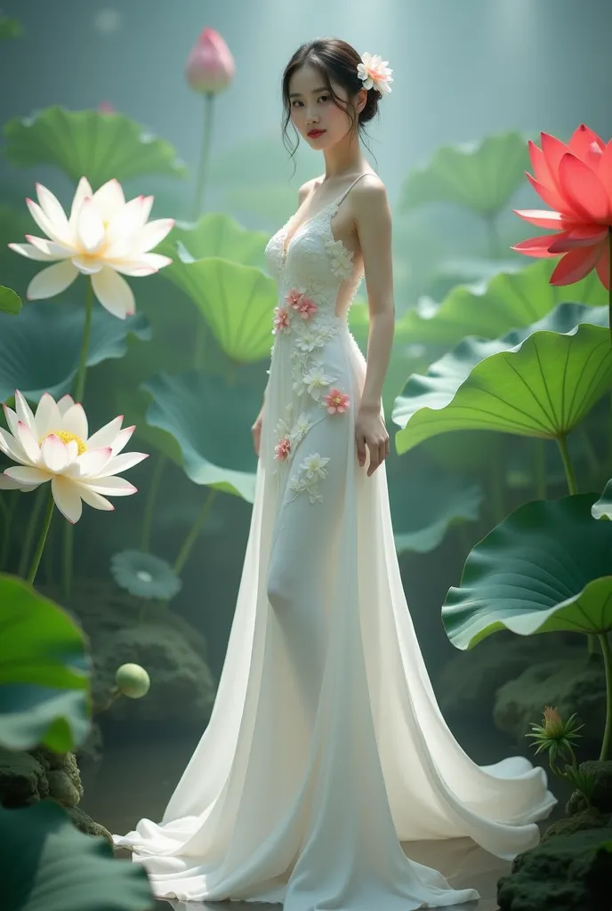 a woman in an elegant, flowing white gown adorned with floral designs. She is standing in a serene environment surrounded by large lotus flowers in various colors, including white and red, along with broad green leaves. The setting resembles a tranquil gar...