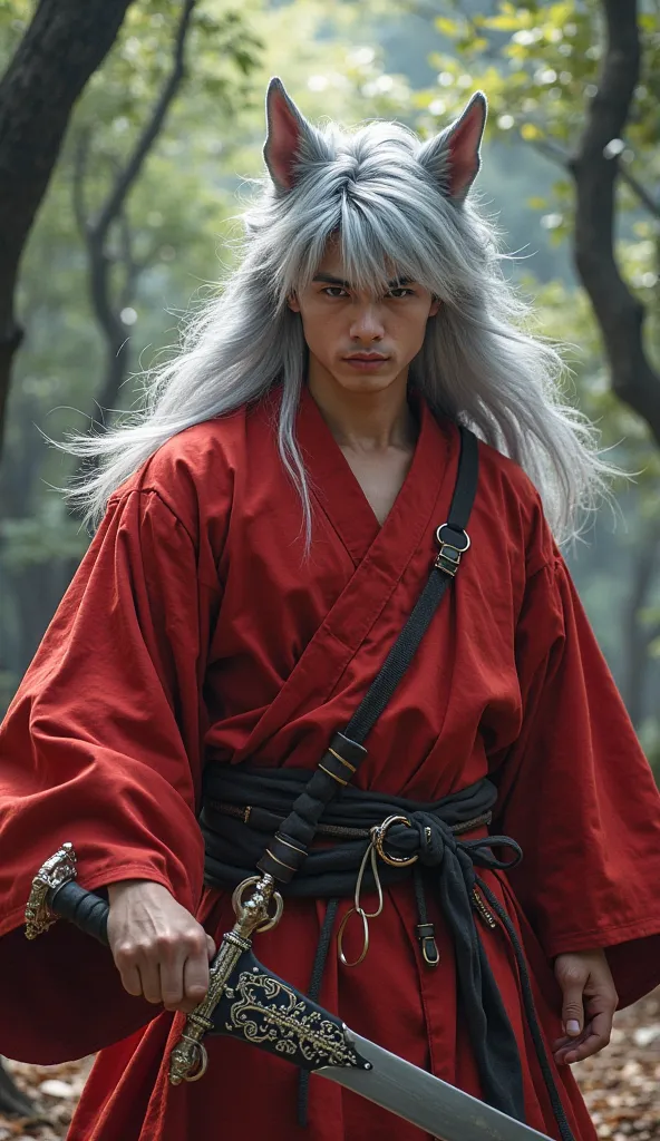 "A man in a hyper-realistic cosplay of Inuyasha from the anime Inuyasha. He wears his iconic red kimono with wide sleeves, tied with an obi belt. His hair is long, silver, and slightly wild, with a few strands framing his face and giving him a rugged look....