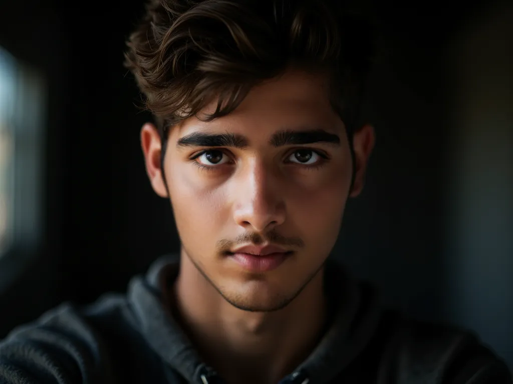 this 20-year-old man with a sharp, intense gaze, his eyes filled with unspoken thoughts and calculated focus. His expression is unreadable—serious, unwavering, as if he sees through the world around him. Shadows partially cover his face, emphasizing the co...