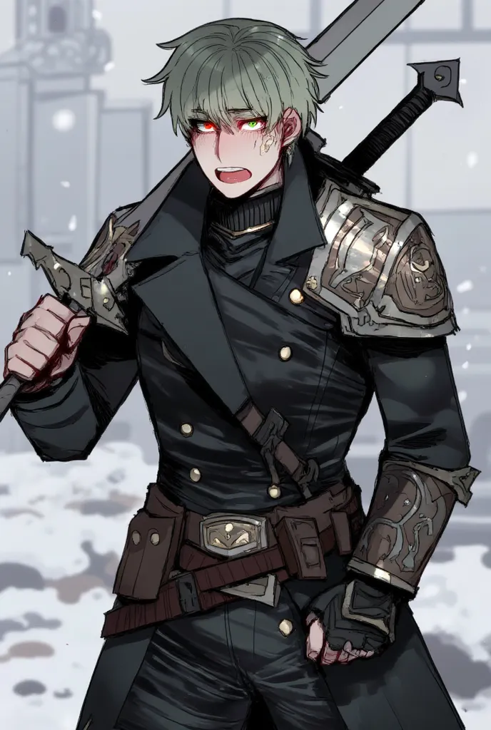 score_9, score_8_up, score_7_up, score_6_up, score_5_up, score_4_up, , 1male , mid 30s, battle-hardened appearance. He has messy, dark green hair and intense, piercing red eyes that convey a cold and serious demeanor. His face is set in a determined expres...