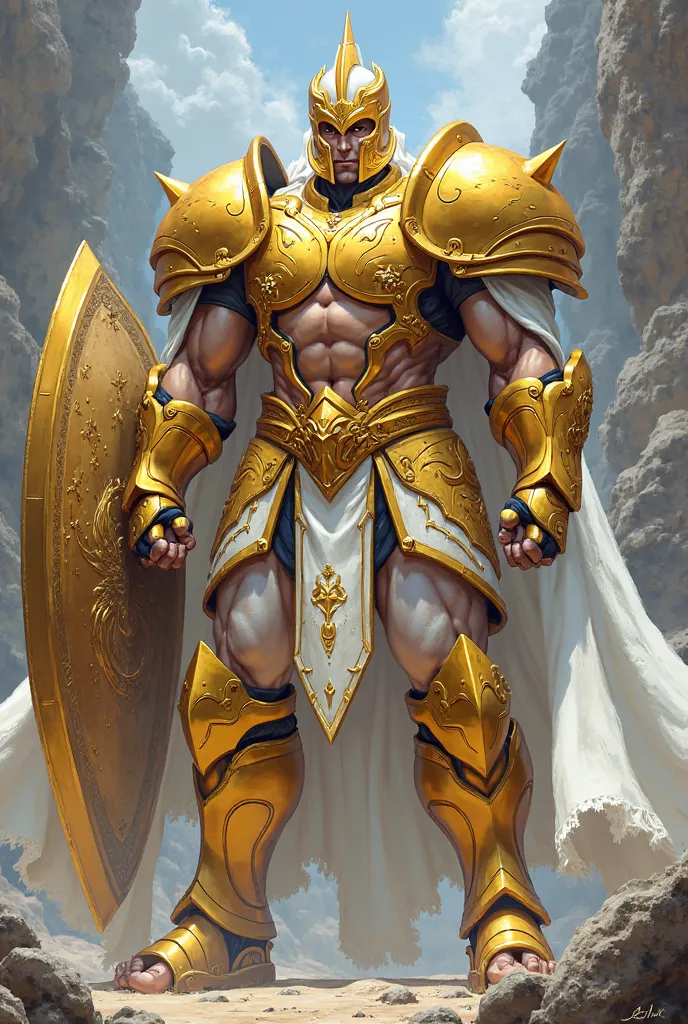  tall man,  muscular, wears a gold and white helmet, Clothes, full armor gold and white, has a large shield, large sword, Anime Style.