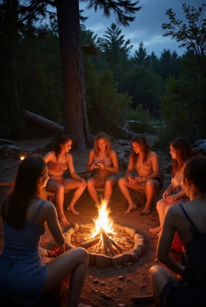 group of students 2 female and 4 male groping kissing   ,  sitting in round around fire camp  , playing truth or dare, a thin has drunk too much, without a bra teasing , wearing short denim short , summer dress , ans mini skirt 