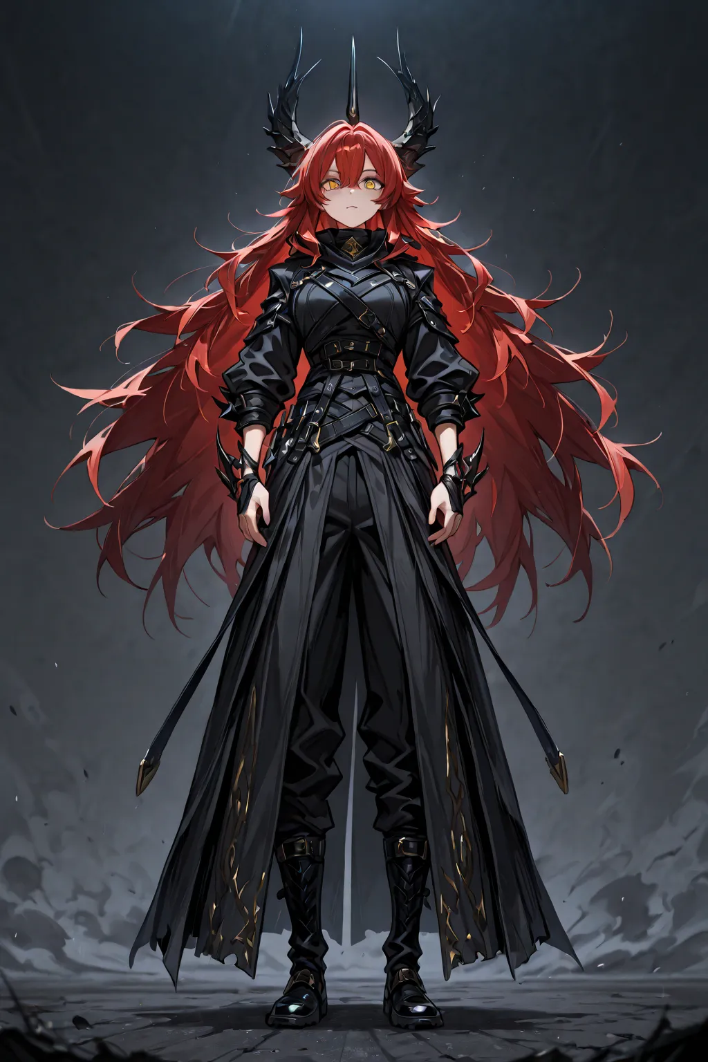  1 girl,  golden eyes, red hair top ,  very long red hair  , Cool,  beautiful, black pants with pockets on the sides, black boots with straps, assassin clothes, two black daggers in the hands, black sawtooth dagger, mysterious atmosphere, in the background...