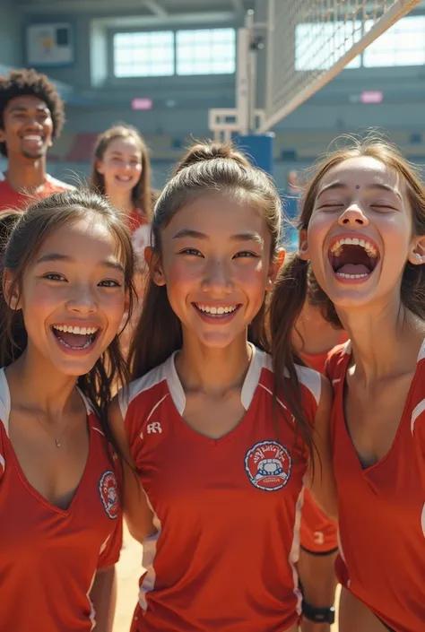 A lively and enthusiastic group of young volleyball players pose with their team jerseys, smiling and celebrating their recent victory on the court. The team of boys and girls is diverse, showing unity and camaraderie. In the background is a brightly lit i...