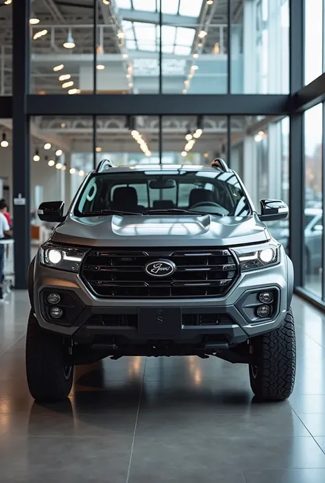 A rugged 2025 Lada Niva 4x4 Pickup Truck, showcased in a modern showroom, viewed from the front. The truck is finished in a striking gunmetal gray color, giving it a tough and utilitarian appearance. The iconic Lada grille, with its bold horizontal slats a...