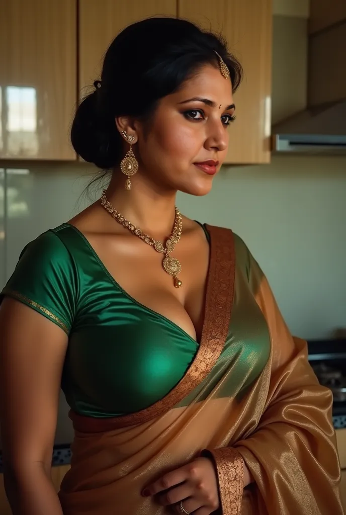 Hd realistic photo of Voluptuous Mature Indian desi Aunty with dusky skin, wearing very deep low neck green shining silk blouse and reflective glossy shining brown transparent Saree, showing her large  Cleavage and navel,nipples projection over blouse,Red ...