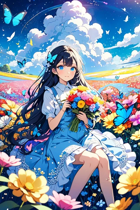 anime、kawaii"An surreal girl is sitting in a vast flower field. She is holding a colorful bouquet of flowers, and in the background there is a blue sky with white clouds. Butterflies are fluttering in the sky, and sparkling light particles are floating in ...