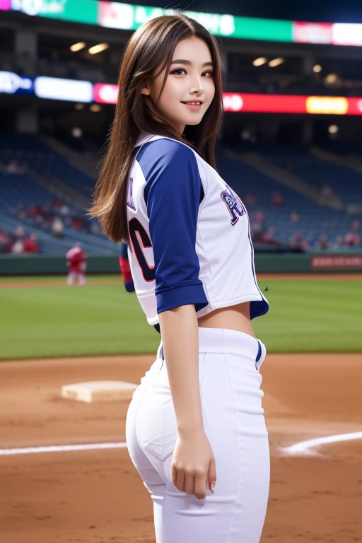 a beautiful 18 years old girl, 1 girl, wearing baseball jersey inside baseball varsity and blue jeans, looks very beautiful, she's smiling, she's happy, so kind, extremely detailed eyes and face, beautiful detailed lips, long eyelashes, royal girl, elegant...