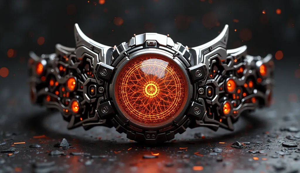 A black hi-tech Kamen Rider belt buckle with an orange energy pattern floating on it.