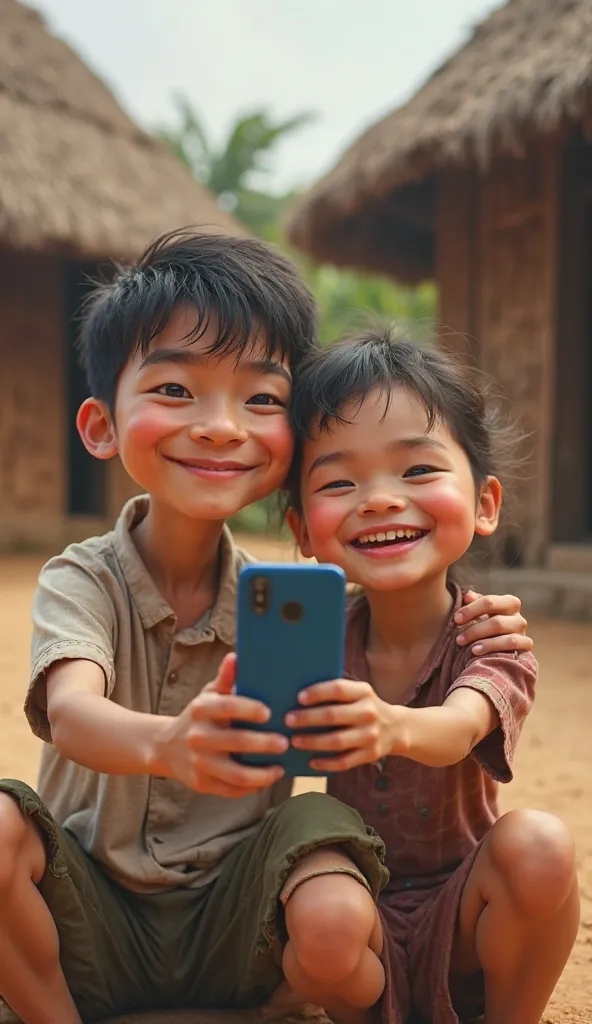 "Two young ren with exaggerated, caricatured facial features sit together in a rural village setting, taking a selfie with a modern smartphone. They have wide, exaggerated smiles and joyful expressions. The background features traditional huts with a warm,...