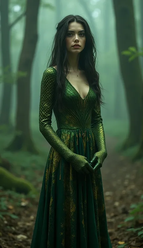 "A woman with snake-like features, almond-shaped and shiny eyes with vertical pupils, and long hair that resemble intertwined snakes. She is dressed in a long and elegant dress, of shiny, flaky fabric, in shades of green and gold,  covering the entire body...