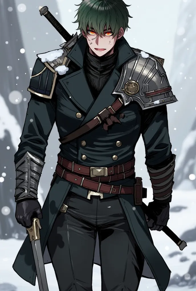 score_9, score_8_up, score_7_up, score_6_up, score_5_up, score_4_up, , 1male , mid 30s, battle-hardened appearance. He has messy, dark green hair and intense, piercing red eyes that convey a cold and serious demeanor. His face is set in a determined expres...