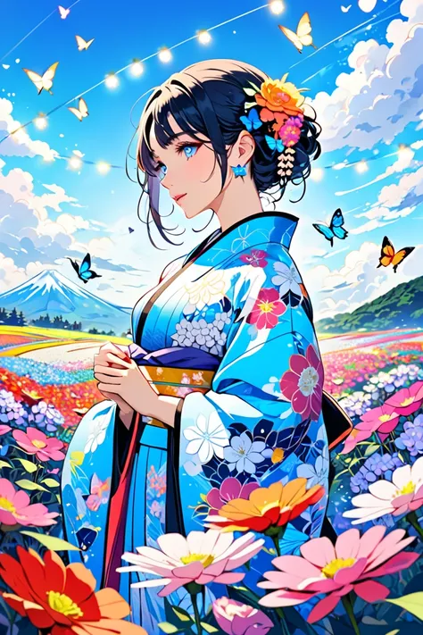 Young and beautiful woman in kimono, beautiful traditional Japanese floral pattern embodied in kimono, bright colors, colorful flower field, blue sky, anime art,　Masterpiece High Resolution Beautiful girl profile Transparent flowers approaching face with b...