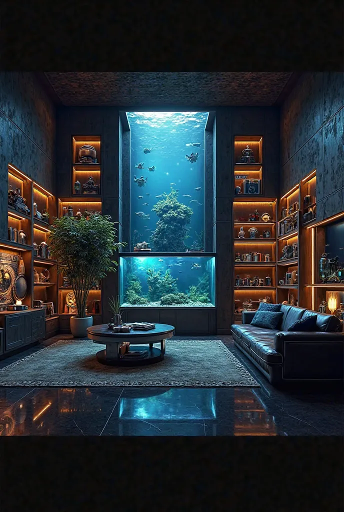 a modern man cave with dark wood shelves, a large aquarium, and sci-fi collectibles, lit with LED lights and a glossy black floor