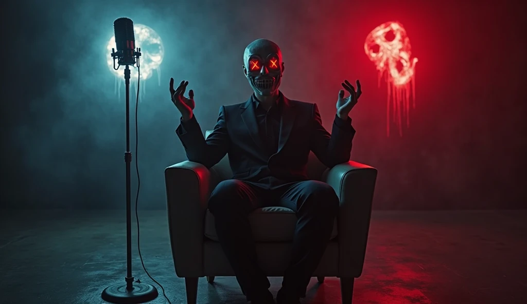 Create an image of a storyteller seated in a sleek, modern chair in a minimalist studio, dressed in a sharp black tailored suit with a smooth, featureless mask covering his mouth and nose, leaving only his glowing red eyes visible. He is looking directly i...