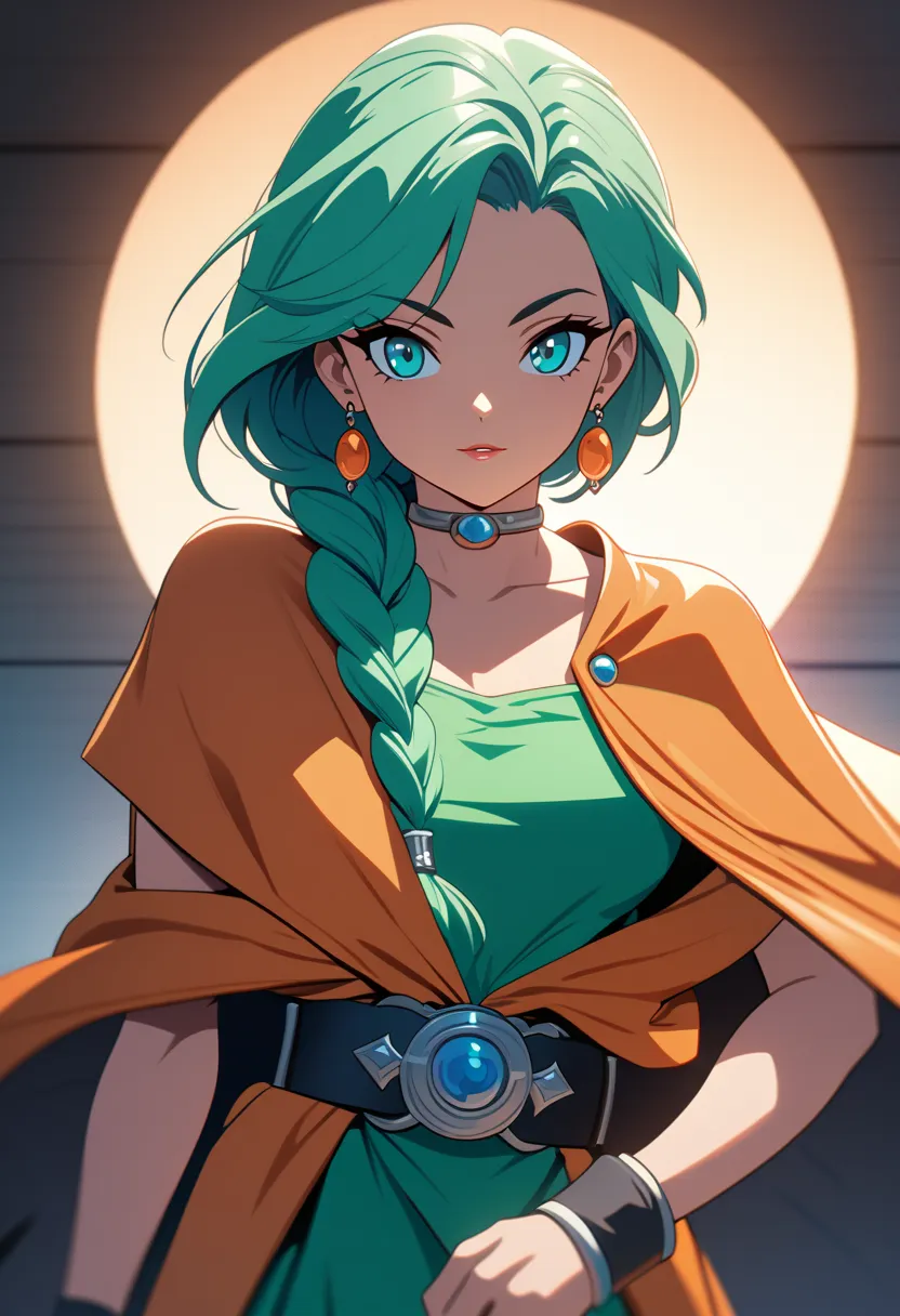 dqBianca, single braid, hair over shoulder, earrings, choker, orange cape, green dress, belt, boots, Ultra-detailed, high-quality, 4K resolution, soft lighting, anime-style, beautifully colored