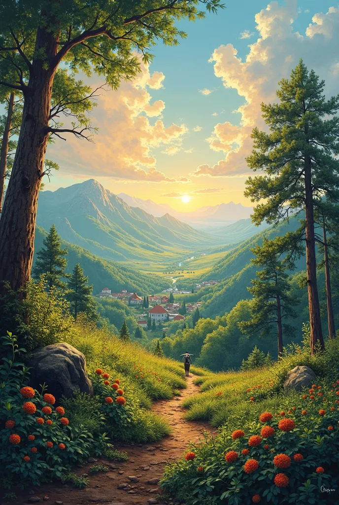 A forest edge in the rays of the morning sun. It is a hot summer. Lots of greenery. Behind the forest you can see the vast steppe. In the distance you can see a village. This acrylic painting captures the essence of a futuristic landscape. This stunning im...