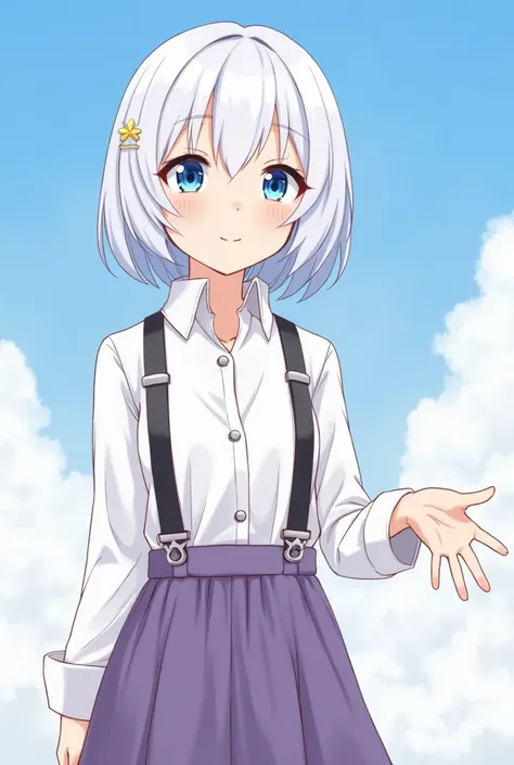 Draw, Anime girl , with blue eyes, with white bob hair. A girl is wearing a white shirt, violet skirt, black braces . The girl should show some gestures. The girl is standing against the sky with clouds, and nothing should be visible against the background...