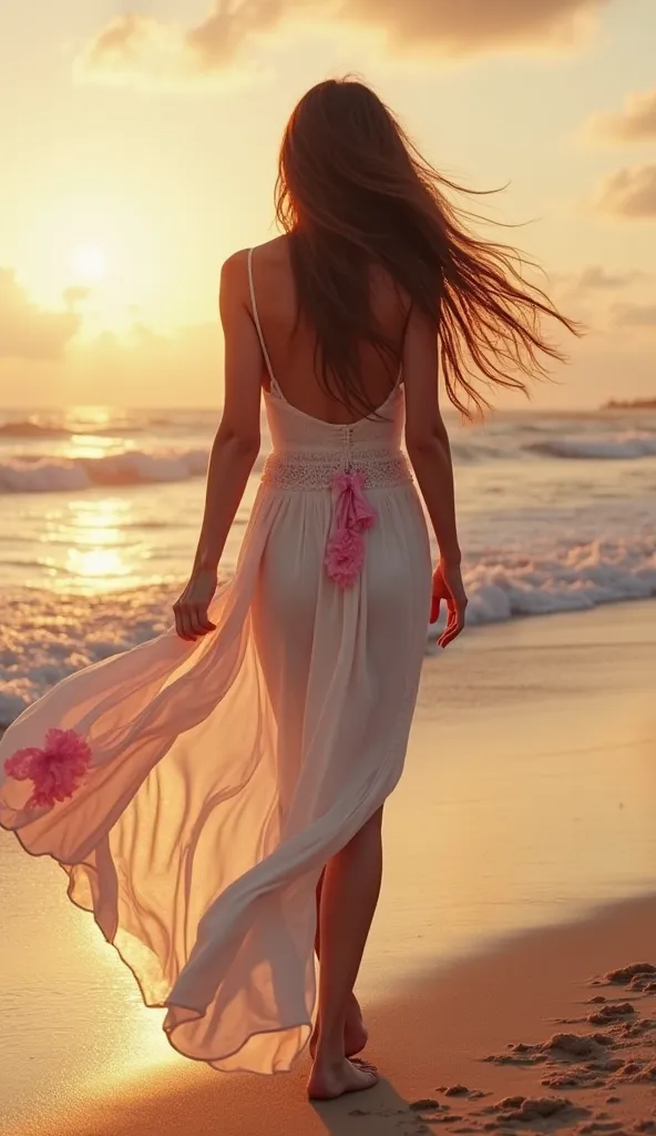 On a serene beach at sunset, Lisa, a breathtakingly beautiful woman with long, flowing chestnut brown hair, walks gracefully along the shoreline. She wears a flowing white dress with sheer pink accents that billow in the ocean breeze, revealing her sun-kis...