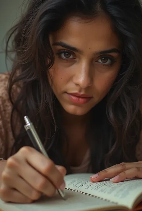 Create image of Radhika Writing: A close-up of Radhika's hands as she writes in her notebook, with expressions of determination and passion on her face. 