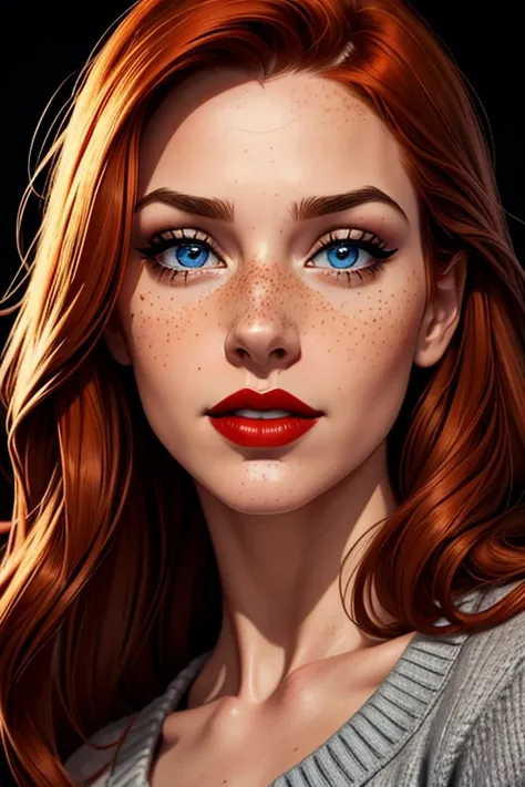 A beautiful Caucasian female. The female has long ginger-red hair and blue eyes. The female's hair is untied and hangs loose. The female wears a gray sweater and a plaid skirt and black stockings and black high heels. The female has lovely makeup on her fa...