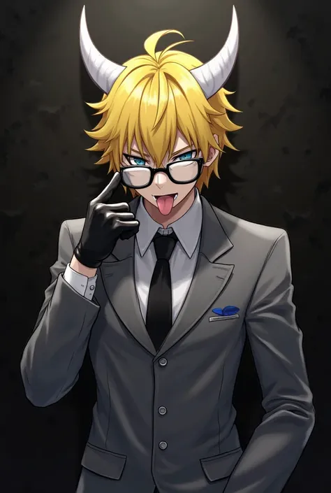 An anime man, with yellow hair and white horns, a gray suit, glasses 
Black and stick out your tongue and black gloves 