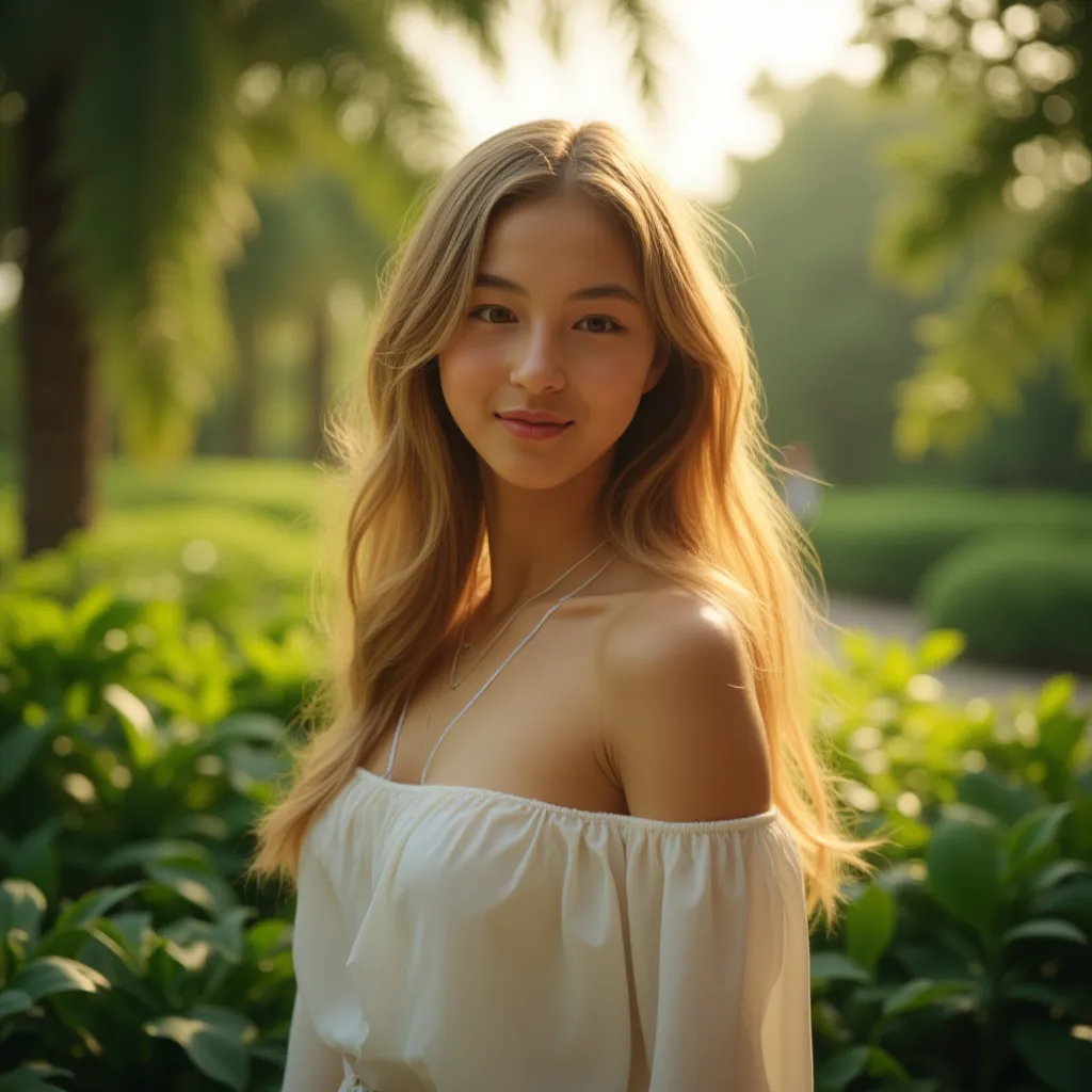 A 18 years old girl standing in the park, very beautiful face