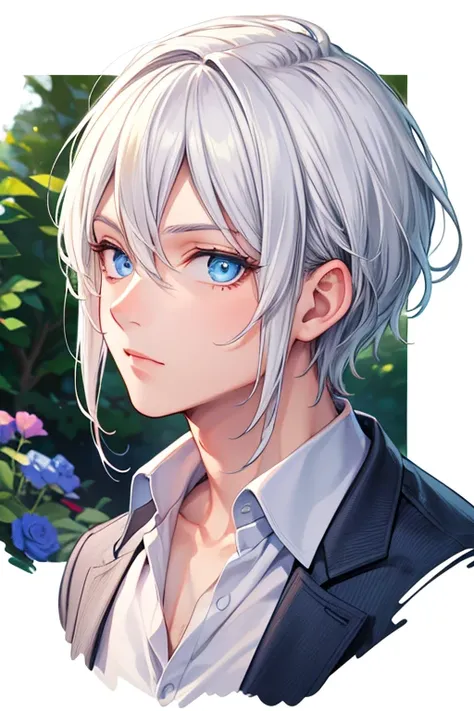 boy, handsome face, blue eyes, white hair, looking at the viewer, charming gaze, casual style, half body pose, beautiful garden background, (eye detail), (face detail), (body detail), (background detail), (masterpiece)