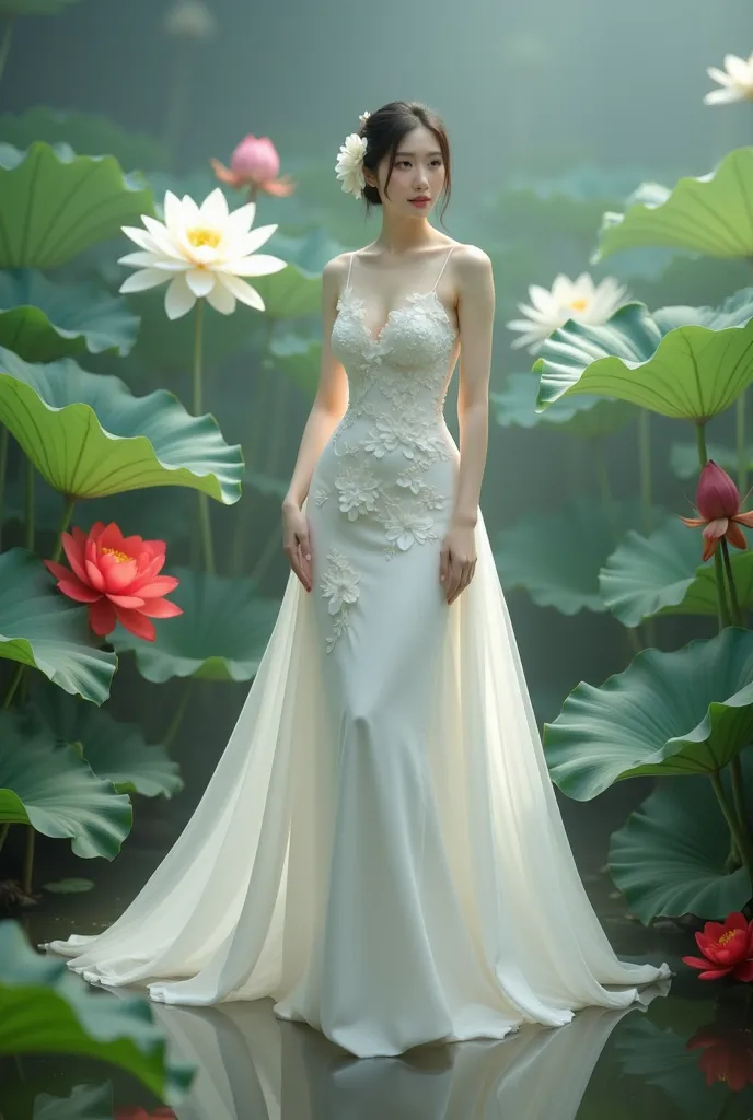 a woman in an elegant, flowing white gown adorned with floral designs. She is standing in a serene environment surrounded by large lotus flowers in various colors, including white and red, along with broad green leaves. The setting resembles a tranquil gar...