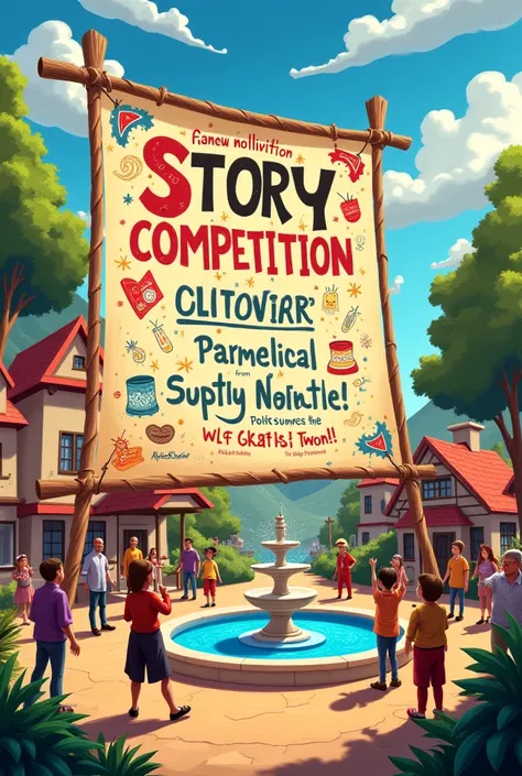 Create image of Story Competition Announcement: A colorful poster announcing the story competition in the village square, attracting the attention of villagers