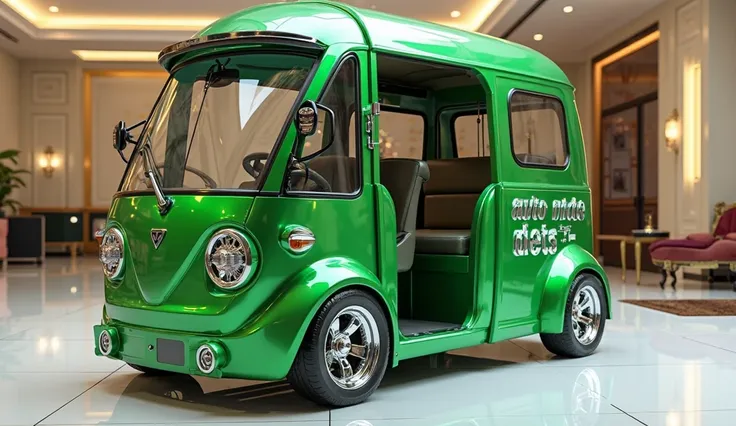 3D render of a heavily modified "auto ride rickshaw" in "green" color, full Side view. The vehicle features ultra-high-detail glossy and shiny modifications, including sleek add-ons. The "auto ride rickshaw" logo is prominently . The scene is set in a brig...